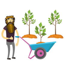 cartoon nick federoff planting trees near a wheel barrow
